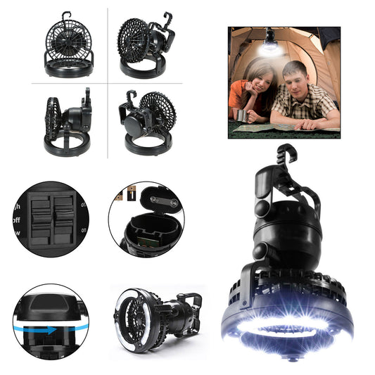Portable Camping Fan with LED Lantern - Black