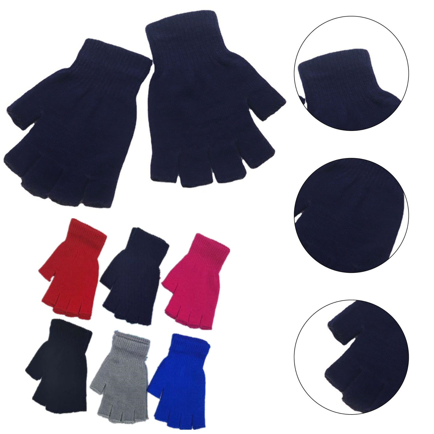 Acrylic Knit Half Finger Gloves - Black