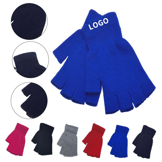 Acrylic Knit Half Finger Gloves - Black