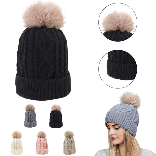 Chic Ribbed Winter Beanie with Pompom - Black