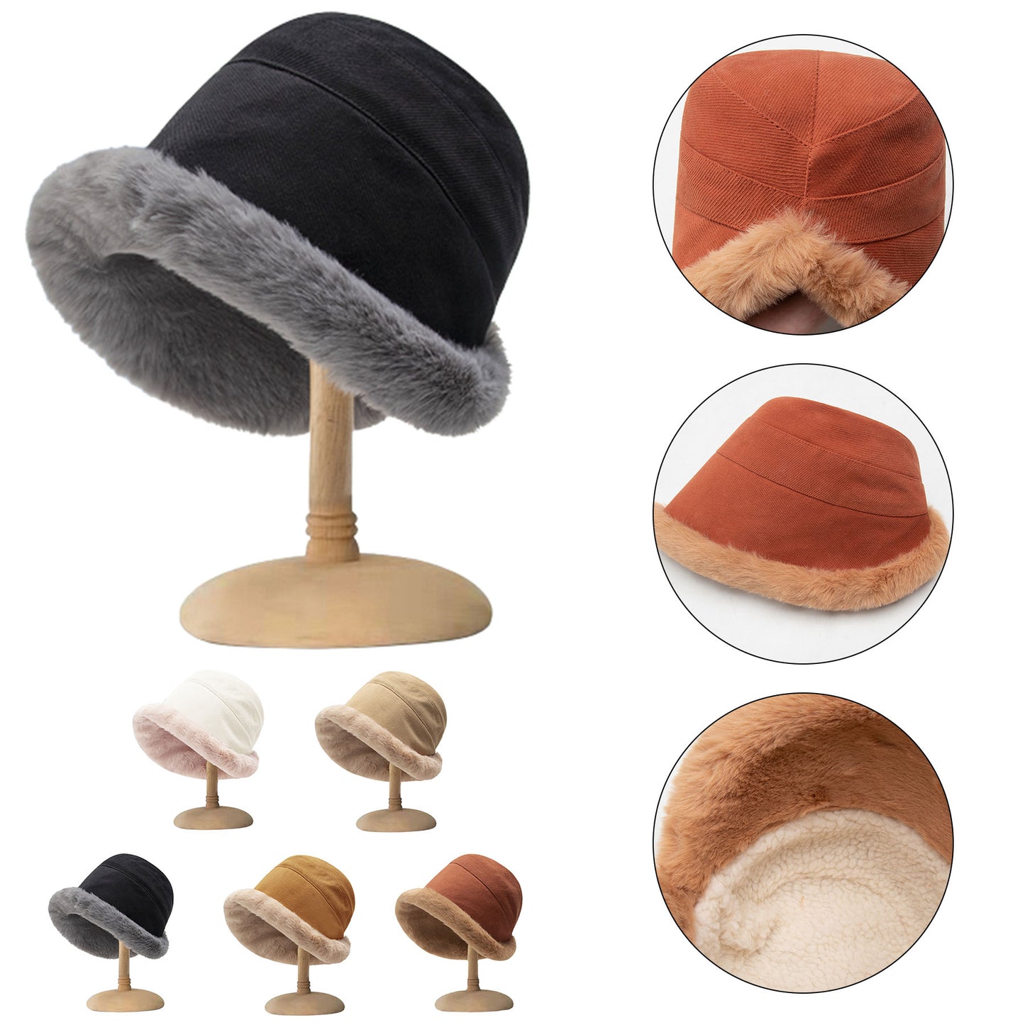 Soft-Lined Plush Bucket Hat for Winter - Black