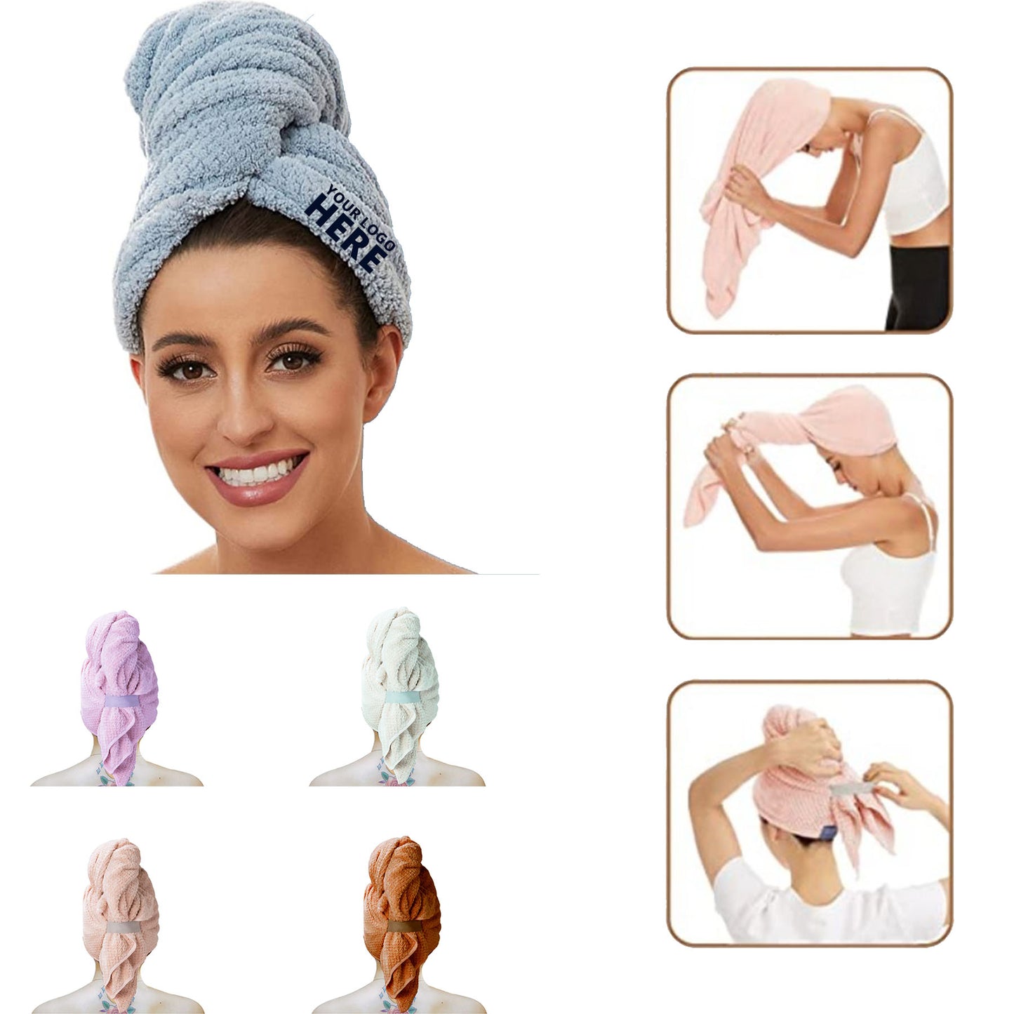 Custom Logo Microfiber Hair Dry Wrap - Beige White