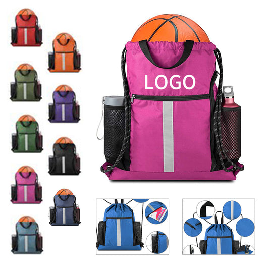 Reflective Drawstring Sports Backpack with Bottle Holder - Blue