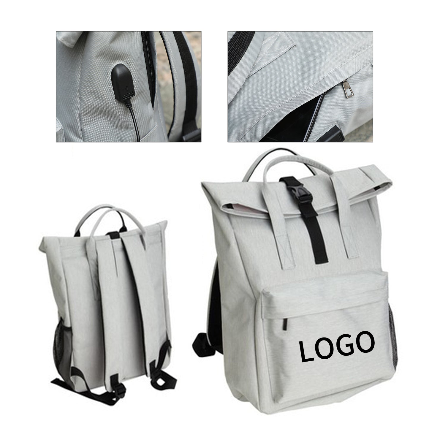 Modern Roll-Top Business Backpack - Gray
