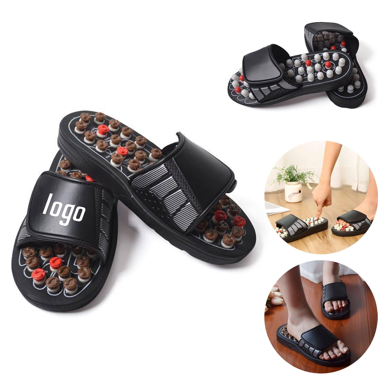 Plantar Fasciitis Acupressure Foot Massage Slippers - Black/White