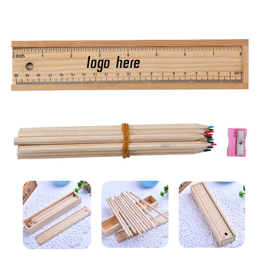 Wooden Ruler Sketch Pencils Set With Case - Wood Brown