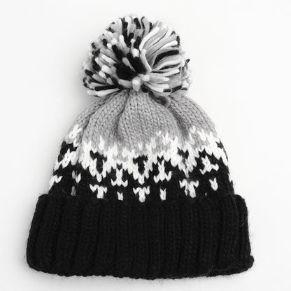 Two-tone Knit Pom Beanie With Cuff - Black Gray