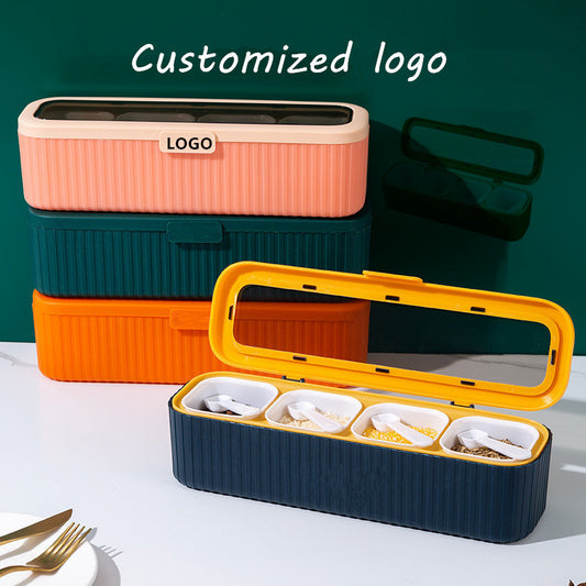 Multi-Compartment Salt Box : 4 Sections with Spoon for Organized Seasoning - Blue