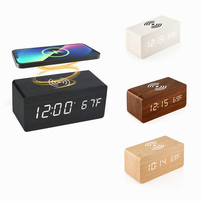 Digital Wooden Alarm Clock with Wireless Charging Station LED Clocks for Bedroom, Bedside
