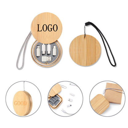 Round Bamboo Multi-Function Data Cable Storage Box - Wood color