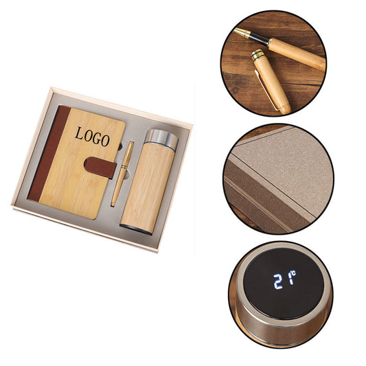 Business set hardcover diary pen and thermos cup - Wood color