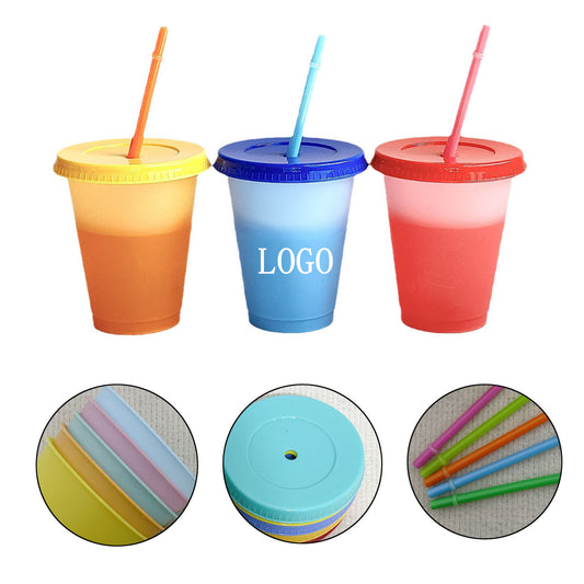 16oz PP Plastic Reusable Color Changing Cup Summer Cold Drinks Tumbler With Lid &amp; Straw image 0