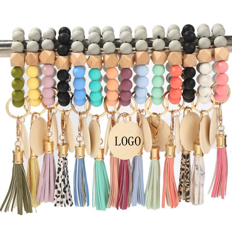 Silicone Bead Wood Tag Bracelet Key chain with Tassel image 0